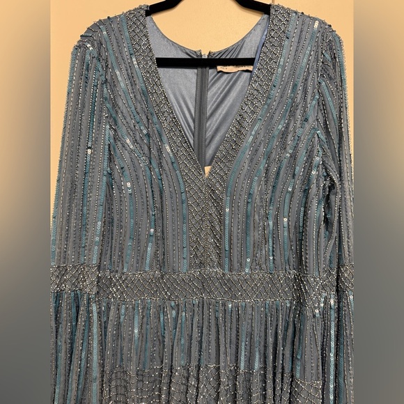 NWT | Mac Duggal 5442 Blue Emblemished Bell Sleeve Tiered Gown Size 16 - Picture 5 of 17